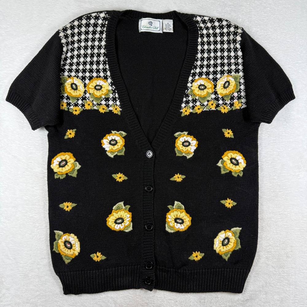 Chandler Hill Womens Short Sleeve Cardigan Black Sunflower Houndstooth M